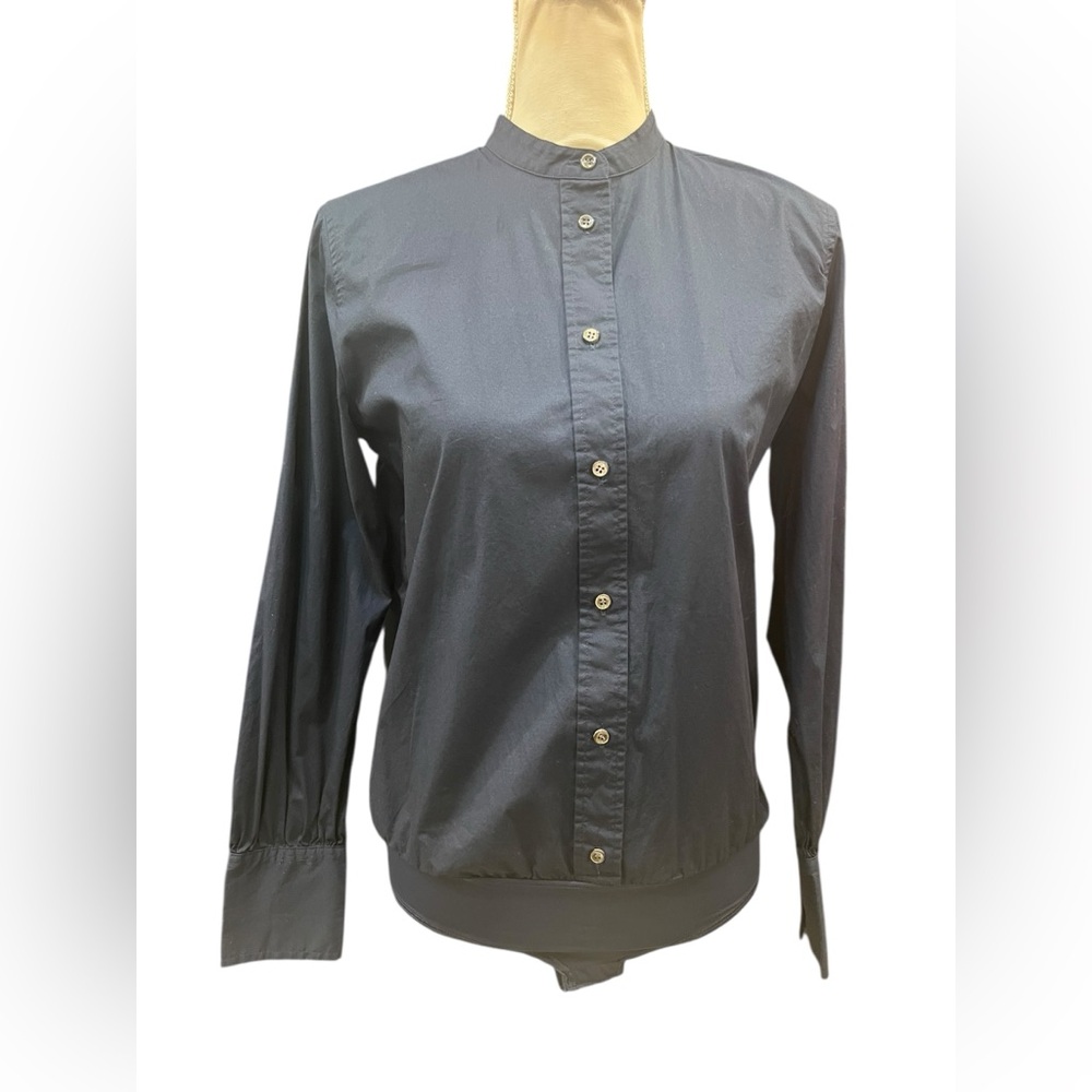 J.Crew Navy Button-Front Bodysuit Size 6 Band Collar Mixed Media Stretch Bottom - Picture 3 of 11